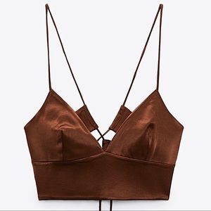 Zara Satin Effect Crop Top Dark Brown